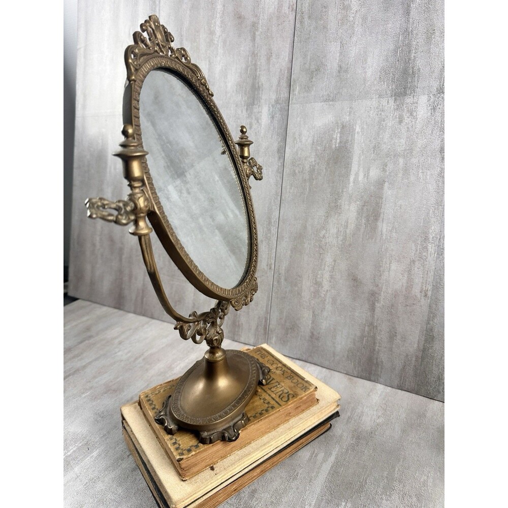 Vintage 60's Antique Style Ornate Brass Tone Vanity Tabletop Mirror 15”